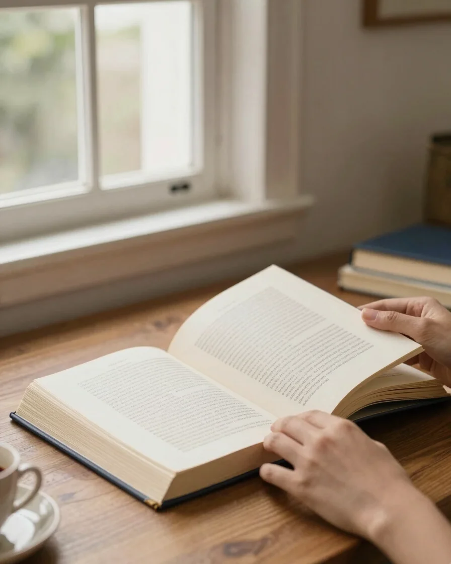 Editorial book photography, paperback book open on a wooden readi