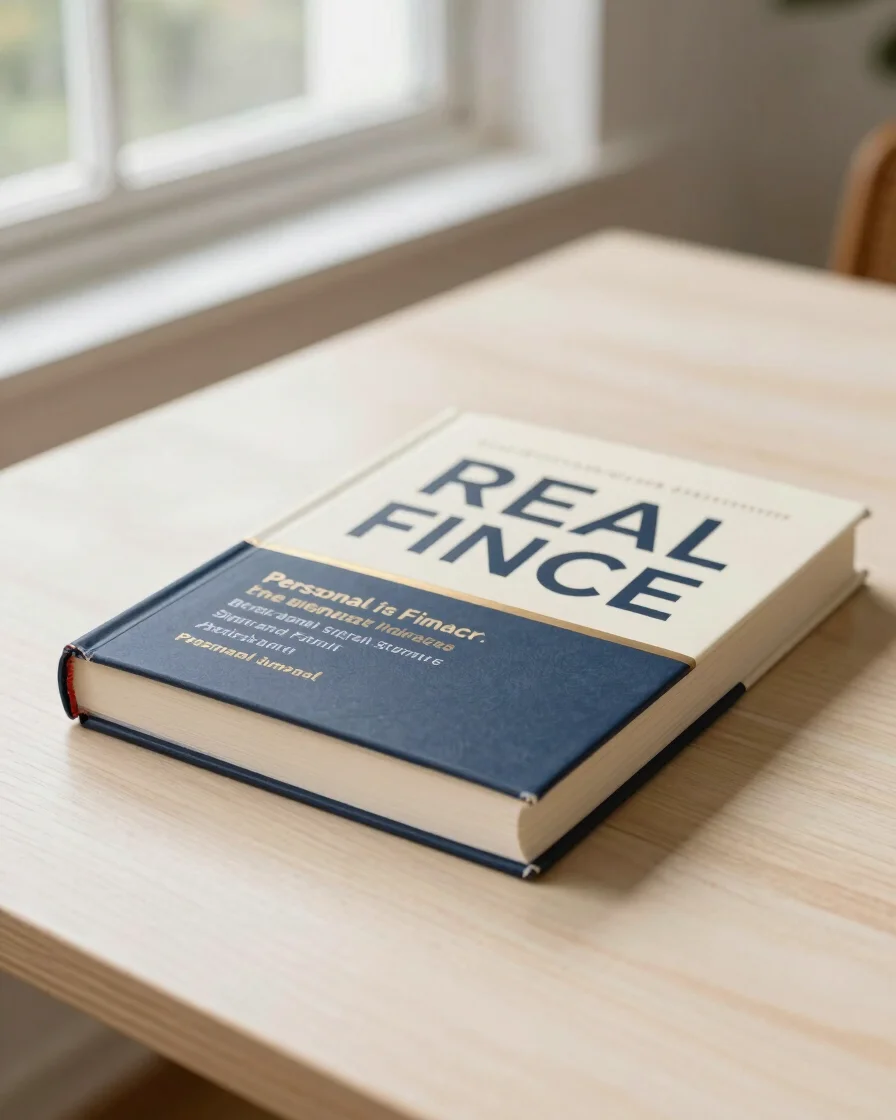 Real book cover of a personal finance book on a cream wooden tabl