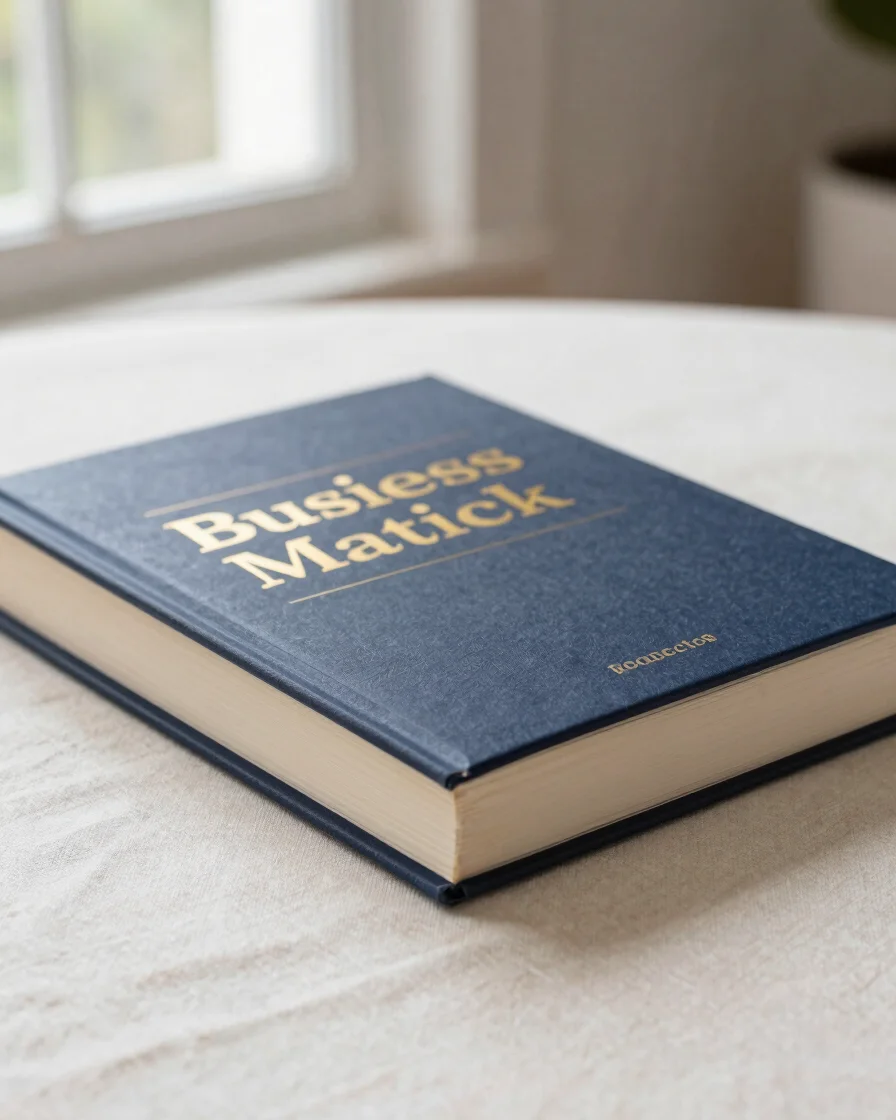 Real book cover of a business management book on a cream linen su