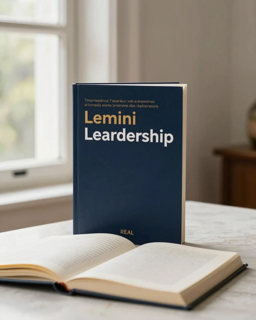 Real book cover of a leadership book beside an open notebook, sof
