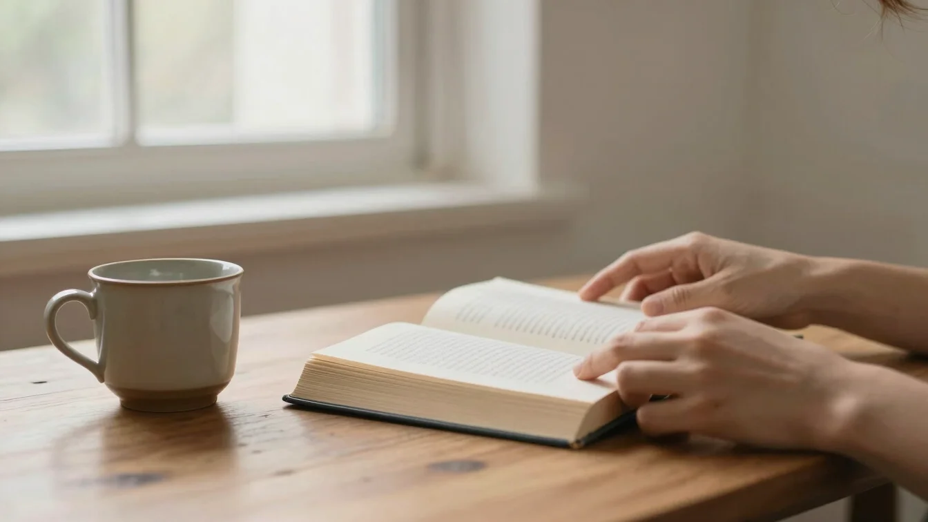 Simple reading scene, hands turning pages of a paperback beside a