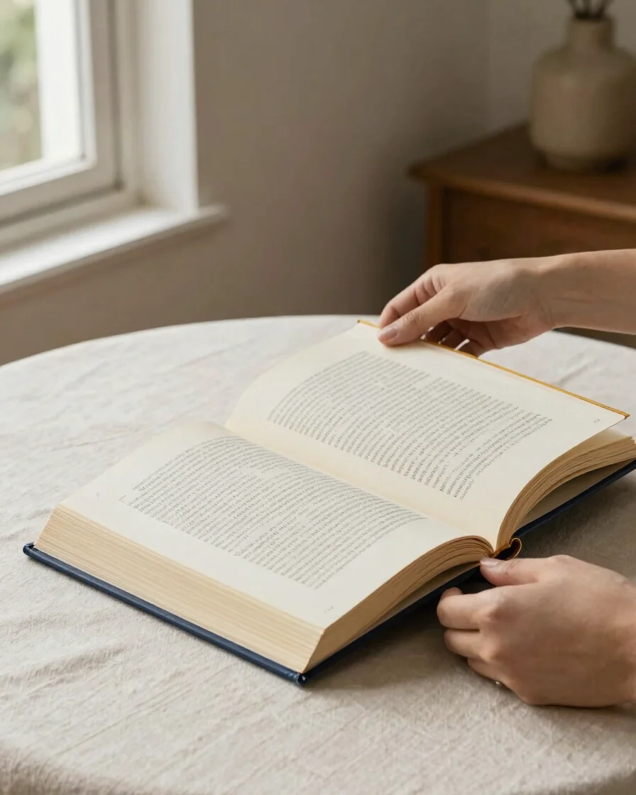 Editorial book photography, hands turning the pages of an open paperback on a cream linen table, soft window daylight fr