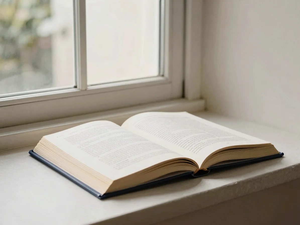 Editorial book photography of a business book cover open on a rea