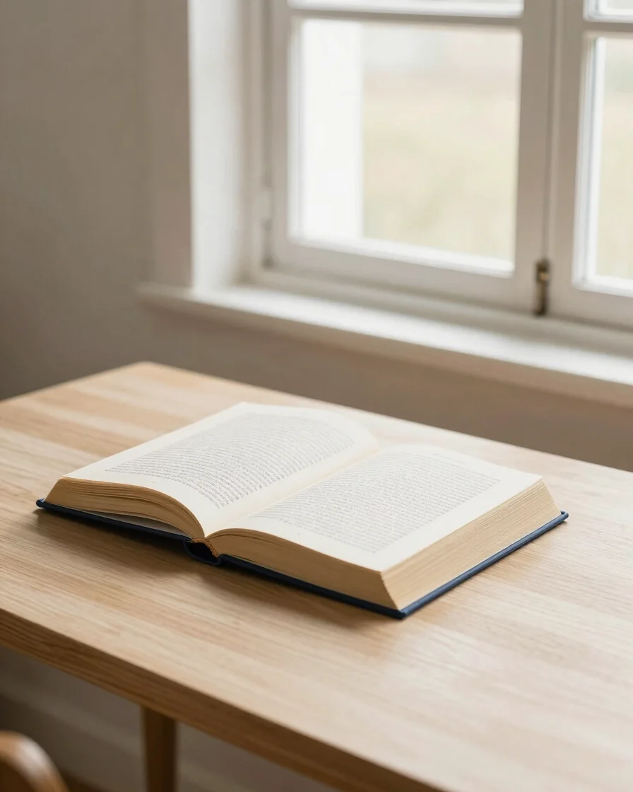 Mãos folheando as páginas de um livro sobre uma mesa de madeira c