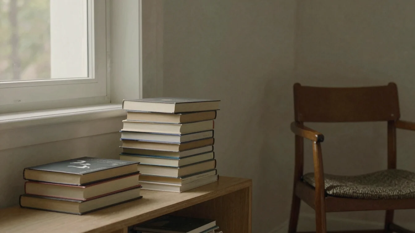 Quiet interior with a stack of books on a low shelf beside a read