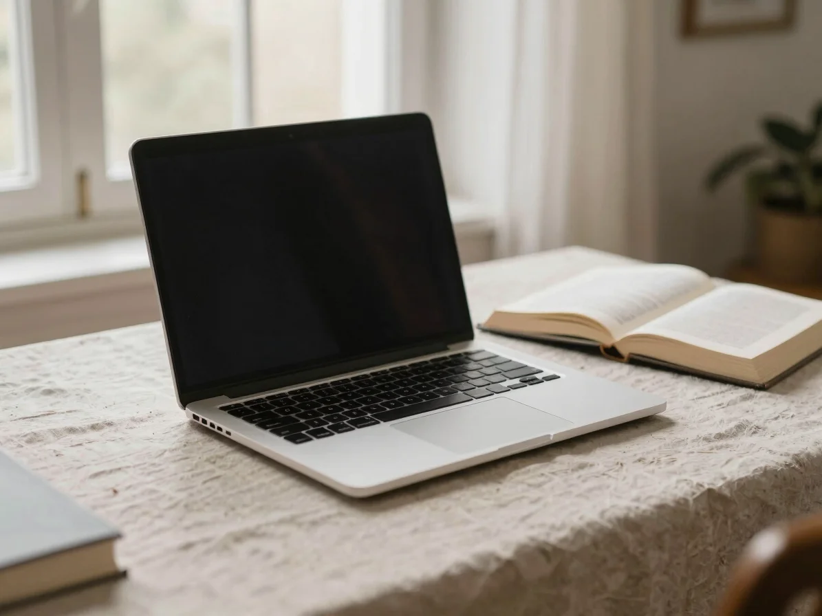 Laptop and notebook resting on a linen desk beside a closed book,