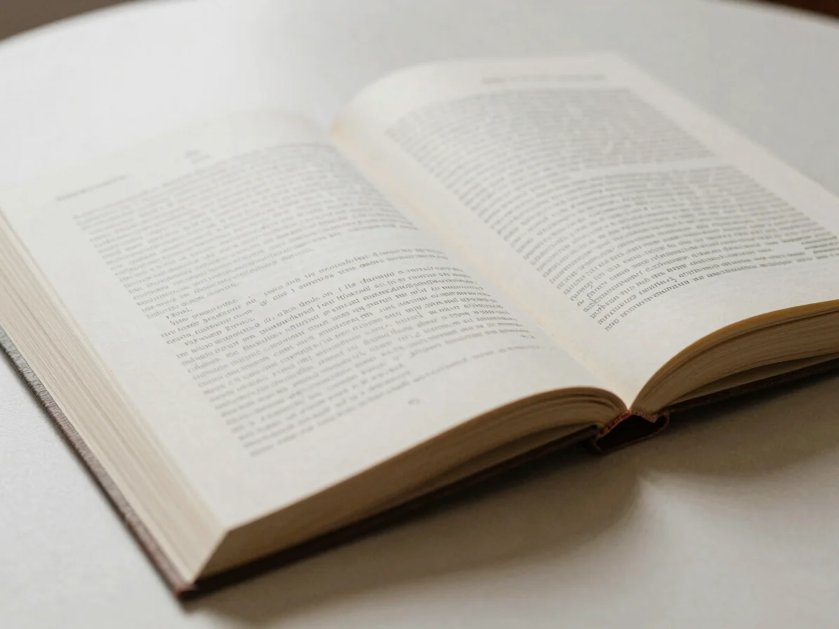 Printed document pages lying flat beside a open paperback on a ne