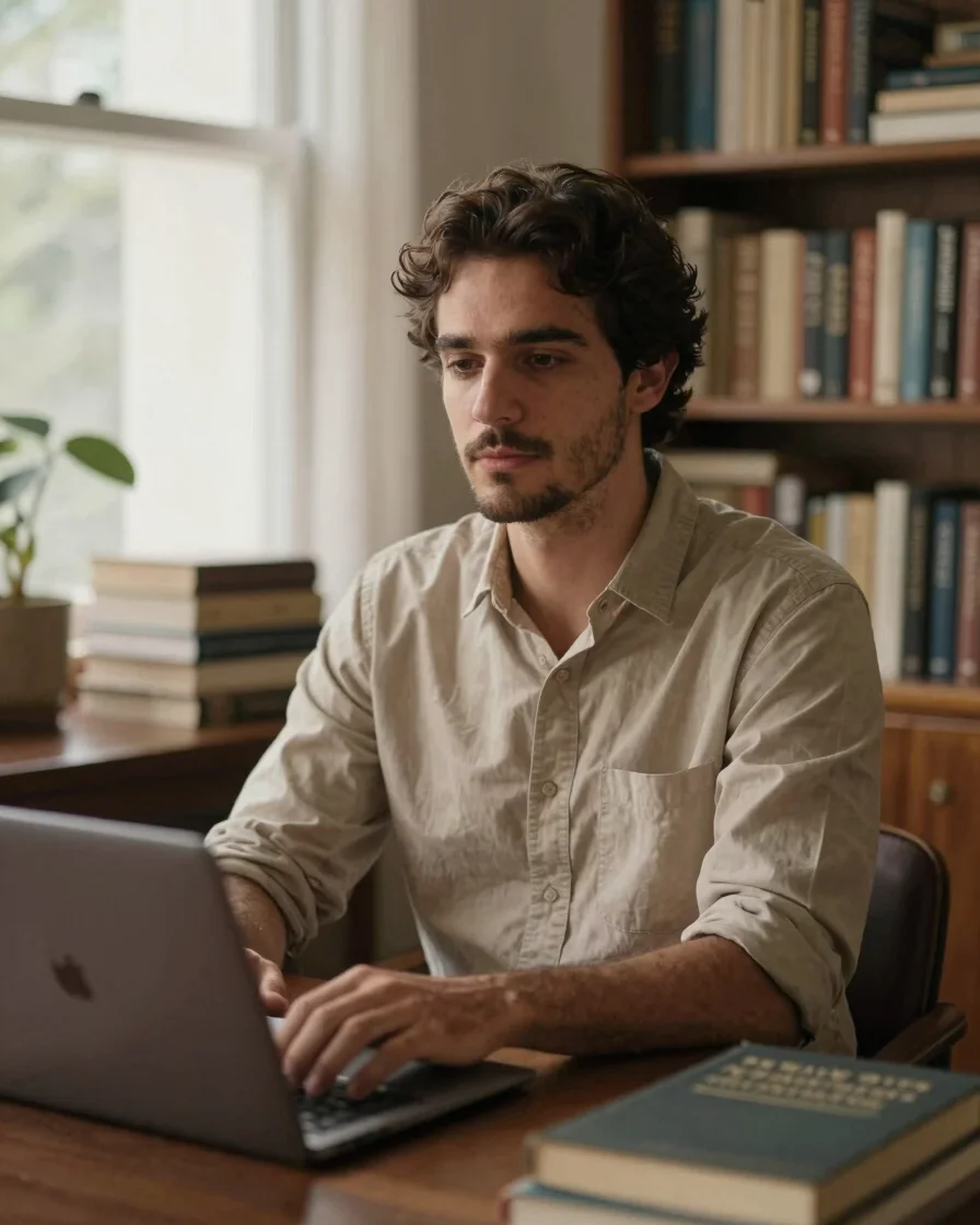 Retrato editorial de um homem adulto em ambiente de escritório doméstico brasileiro, luz natural difusa vinda de uma jan