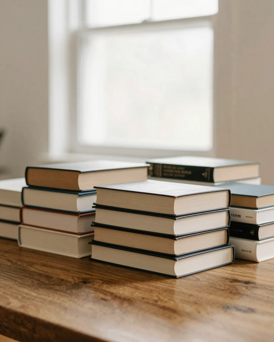 Wide editorial photograph of several real books stacked on a warm